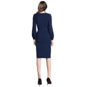 Generic Women's Knitting stretchable Solid Round Neck Full Sleeve Dress (Blue) - Image 2