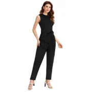Generic Women's Knitting stretchable Solid Round Neck Sleeveless Jumpsuit (Black) - Image 2
