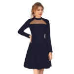 Generic Women's Knitting stretchable Solid Round Neck Full Sleeve Dress (Blue)