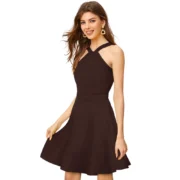 Generic Women's Knitting stretchable Solid Halter Neck Sleeveless Dress (Coffee) - Image 4