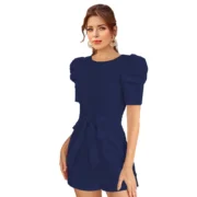 Generic Women's Knitting stretchable Solid Round Neck 3-4 Puff Sleeve Dress (Blue) - Image 2