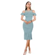 Generic Women's Knitting stretchable Solid Round Neck Sleeveless Dress (Pista )