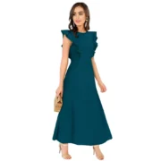 Generic Women's Knitting stretchable Solid Round Neck Ruffled Sleeve Dress (Morpich) - Image 4