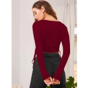 Generic Women's Polyester Solid Round Neck Full Sleeve Top (Maroon) - Image 2