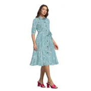 Generic Women's Ruby Cotton Printed Shirt Collar 3-4th Sleeve Dress (Pista) - Image 4