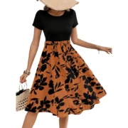 Generic Women's Knitting Printed Round Neck Short Sleeve Dress (Orange) - Image 3
