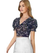 Generic Women's Knitting Printed V-Neck Puff Sleeve Tops (Navy Blue) - Image 3