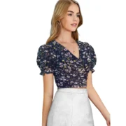 Generic Women's Knitting Printed V-Neck Puff Sleeve Tops (Navy Blue) - Image 2