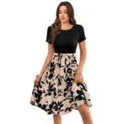Generic Women's Knitting Printed Round Neck Short Sleeve Dress (Cream)