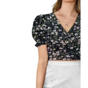 Generic Women's Knitting Printed V-Neck Puff Sleeve Tops (Black) - Image 5
