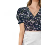 Generic Women's Knitting Printed V-Neck Puff Sleeve Tops (Navy Blue) - Image 5