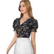 Generic Women's Knitting Printed V-Neck Puff Sleeve Tops (Black) - Image 3