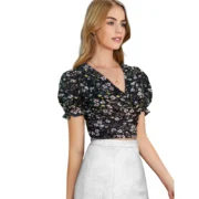 Generic Women's Knitting Printed V-Neck Puff Sleeve Tops (Black) - Image 2