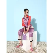 Generic Women's Satin Colour Block Long Sleeves Co-Ord Set (Multicolor) - Image 2