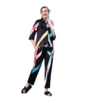 Generic Women's Satin Colour Block Long Sleeves Co-Ord Set (Multicolor)