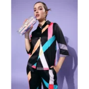 Generic Women's Satin Colour Block Long Sleeves Co-Ord Set (Multicolor) - Image 2
