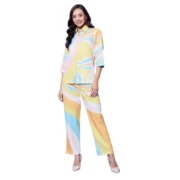 Generic Women's Polyester Colour Blocking 3-4th Sleeve Co-Ord Set (Multicolor)