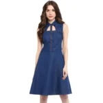 Generic Women's Denim Solid Sleeveless Dress (Navy Blue)