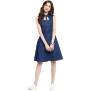 Generic Women's Denim Solid Sleeveless Dress (Navy Blue) - Image 4