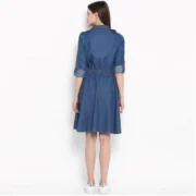 Generic Women's Denim Solid Roll Up Sleeve Dress (Blue) - Image 5