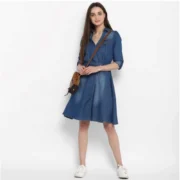 Generic Women's Denim Solid Roll Up Sleeve Dress (Blue) - Image 4