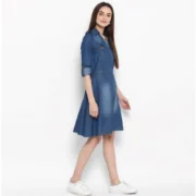 Generic Women's Denim Solid Roll Up Sleeve Dress (Blue) - Image 3