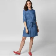 Generic Women's Denim Solid Roll Up Sleeve Dress (Blue) - Image 4