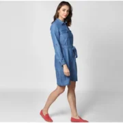 Generic Women's Denim Solid Roll Up Sleeve Dress (Blue) - Image 3