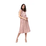 Generic Women's Polyester Pleated Flutter Dress (Champagne Gold)