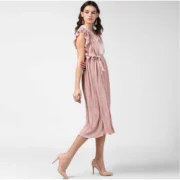Generic Women's Polyester Pleated Flutter Dress (Champagne Gold) - Image 3