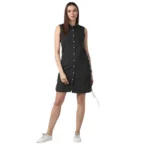 Generic Women's Denim Solid Sleeveless Dress (Black)