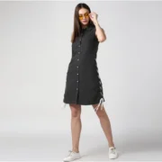 Generic Women's Denim Solid Sleeveless Dress (Black) - Image 4
