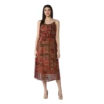 Generic Women's Polyester Printed Shoulder Straps Dress (Maroon - Brown)