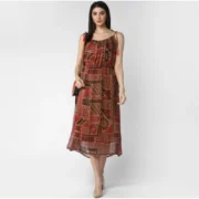 Generic Women's Polyester Printed Shoulder Straps Dress (Maroon - Brown) - Image 4
