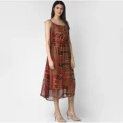 Generic Women's Polyester Printed Shoulder Straps Dress (Maroon - Brown) - Image 3