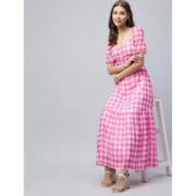 Generic Women's Polyester Georgette Checkered Half Sleeve Dress (Pink) - Image 5