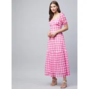 Generic Women's Polyester Georgette Checkered Half Sleeve Dress (Pink) - Image 4
