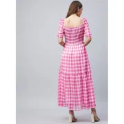 Generic Women's Polyester Georgette Checkered Half Sleeve Dress (Pink) - Image 3