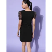 Generic Women's Organza And Polyester Lycra Floral Short Sleeve Dress (Black) - Image 5