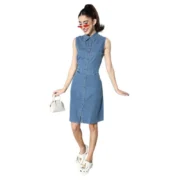 Generic Women's Denim Solid Sleeveless Dress (Blue)