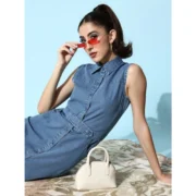 Generic Women's Denim Solid Sleeveless Dress (Blue) - Image 5