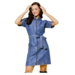 Generic Women's Denim Solid Half Sleeve Dress (Blue)