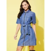 Generic Women's Denim Solid Half Sleeve Dress (Blue) - Image 3
