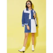 Generic Women's Denim Color Blocking Sleeveless Dress (Blue) - Image 4