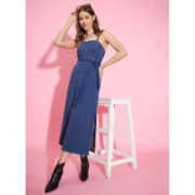 Generic Women's Denim Solid Shoulder Straps Dress (Blue) - Image 4