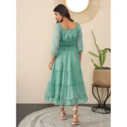 Generic Women's Chiffon Solid Puff Sleeve Dress (Green) - Image 4
