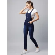 Generic Women's Denim Lycra Solid Buttoned Dungaree (Navy) - Image 4