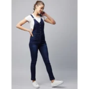 Generic Women's Denim Lycra Solid Buttoned Dungaree (Navy) - Image 3