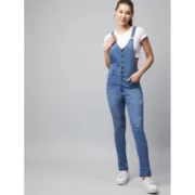 Generic Women's Denim Lycra Solid Buttoned Dungaree (Ice Blue) - Image 4