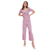 Generic Women's Polyester Lycra Solid Puff Sleeve Jumpsuit (Lavender)